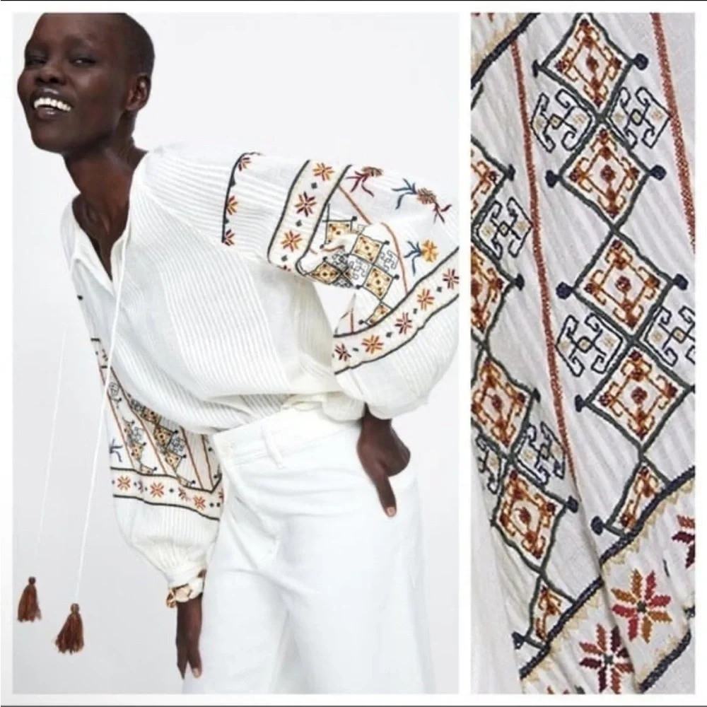 NWT. Zara Ivory Embroidered Blouse. Size M.